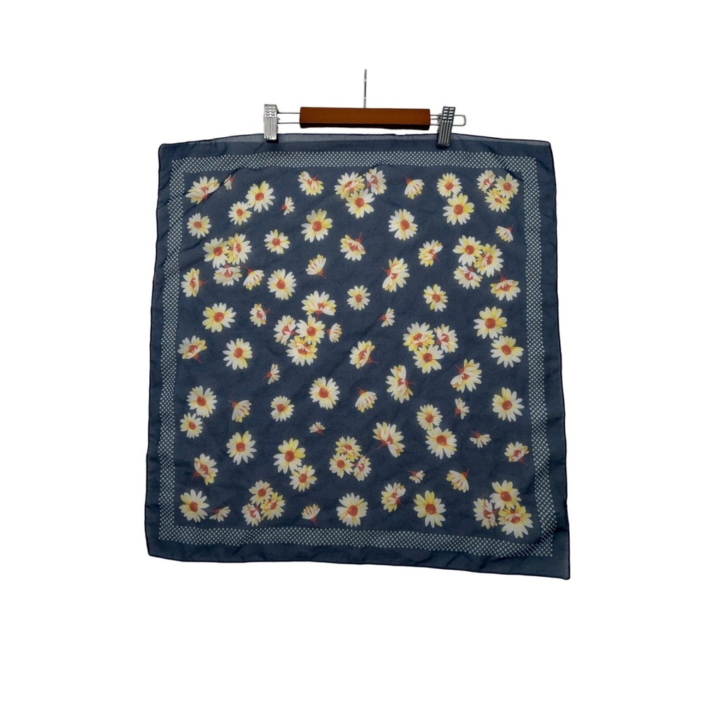 Elaine Gold Navy Blue Daisy Floral Square Scarf Made in Italy Vintage 22x22